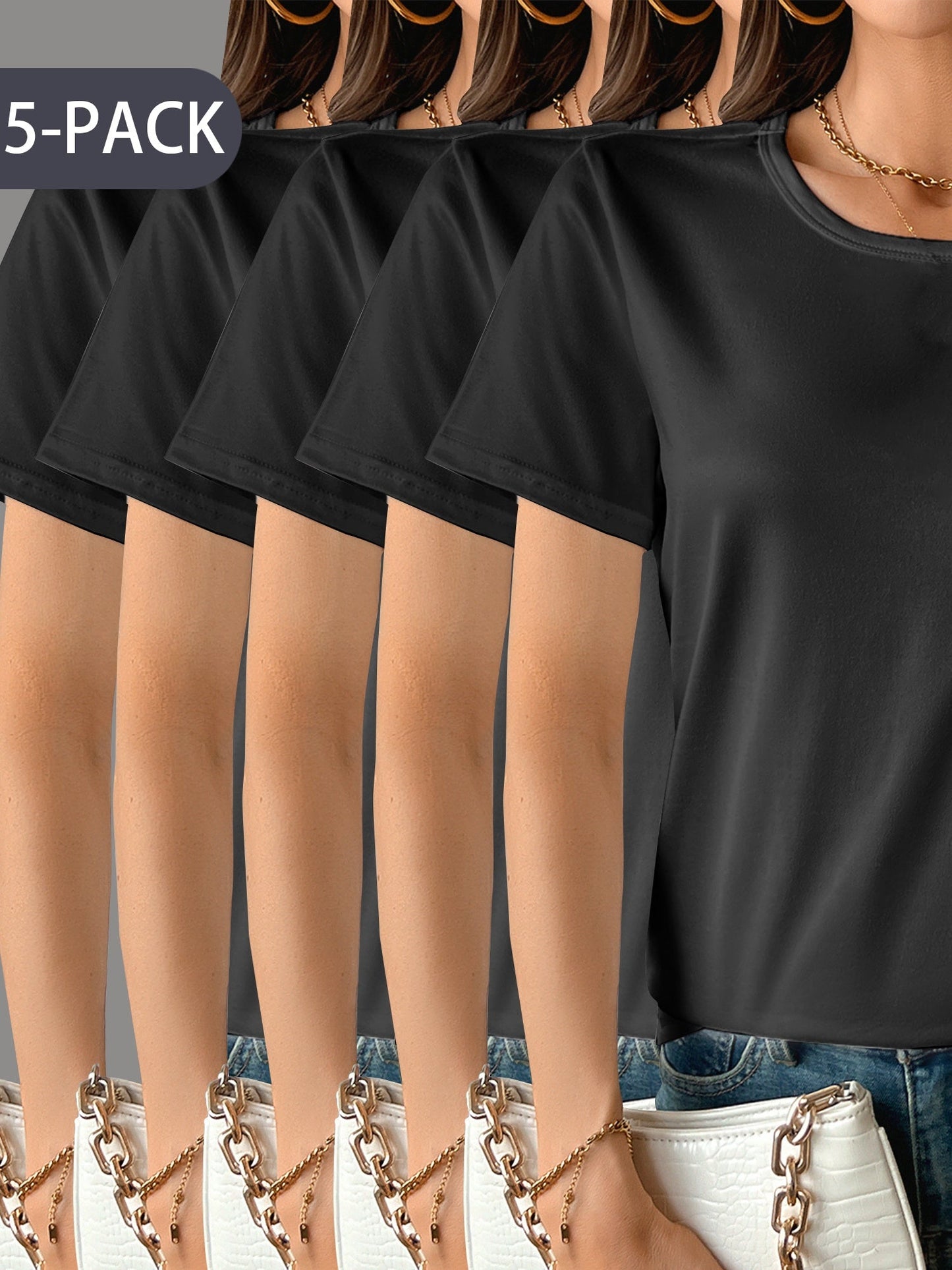 5Pack Womens Soft Stretch Casual Round Neck T-Shirts
