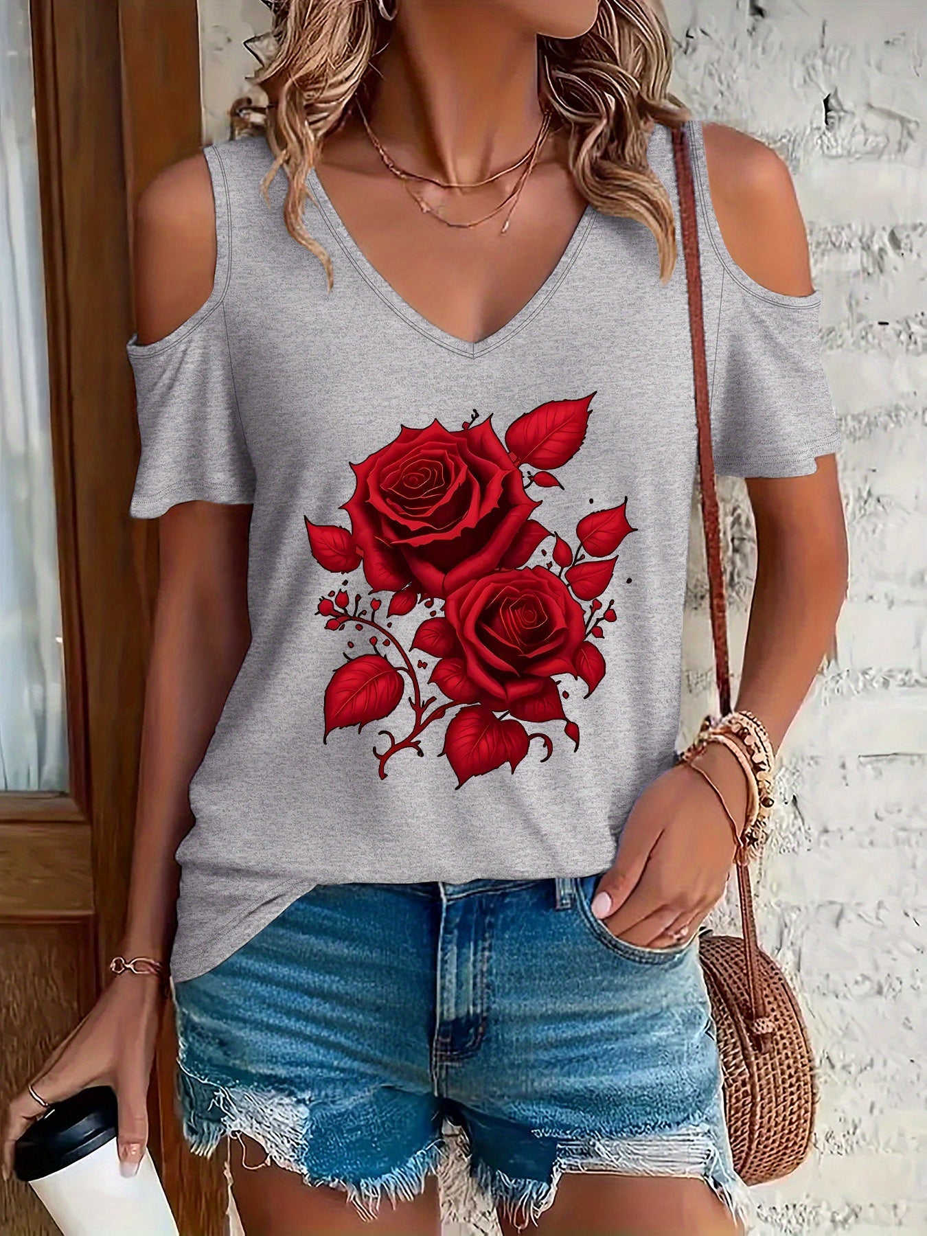 Red Rose Off Shoulder Tee
