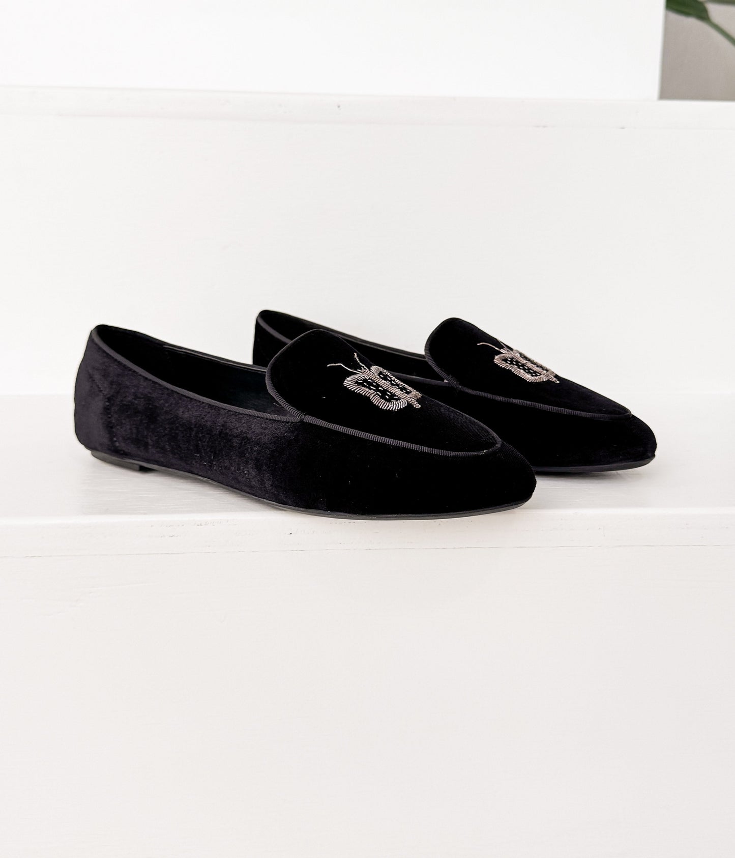 Butterfly Velvet Flats in Black