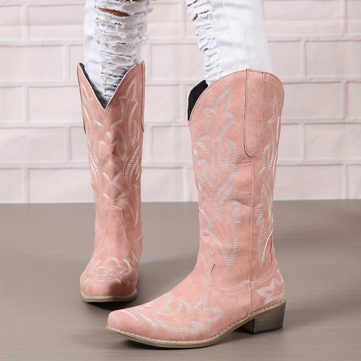 Mid Calf Women's V-cut Embroidery Western Cowgirl Boots