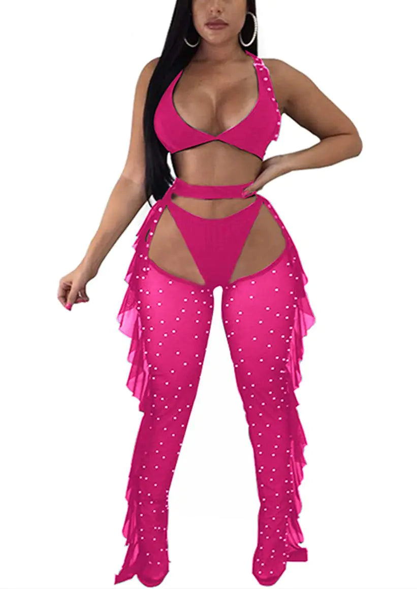 Yeshire Womens Sexy 2 Pieces Outfit See Through Crop Top and Pants Sets Mesh Cover Up Backless Jumpsuits Clubwear X-Large Rose