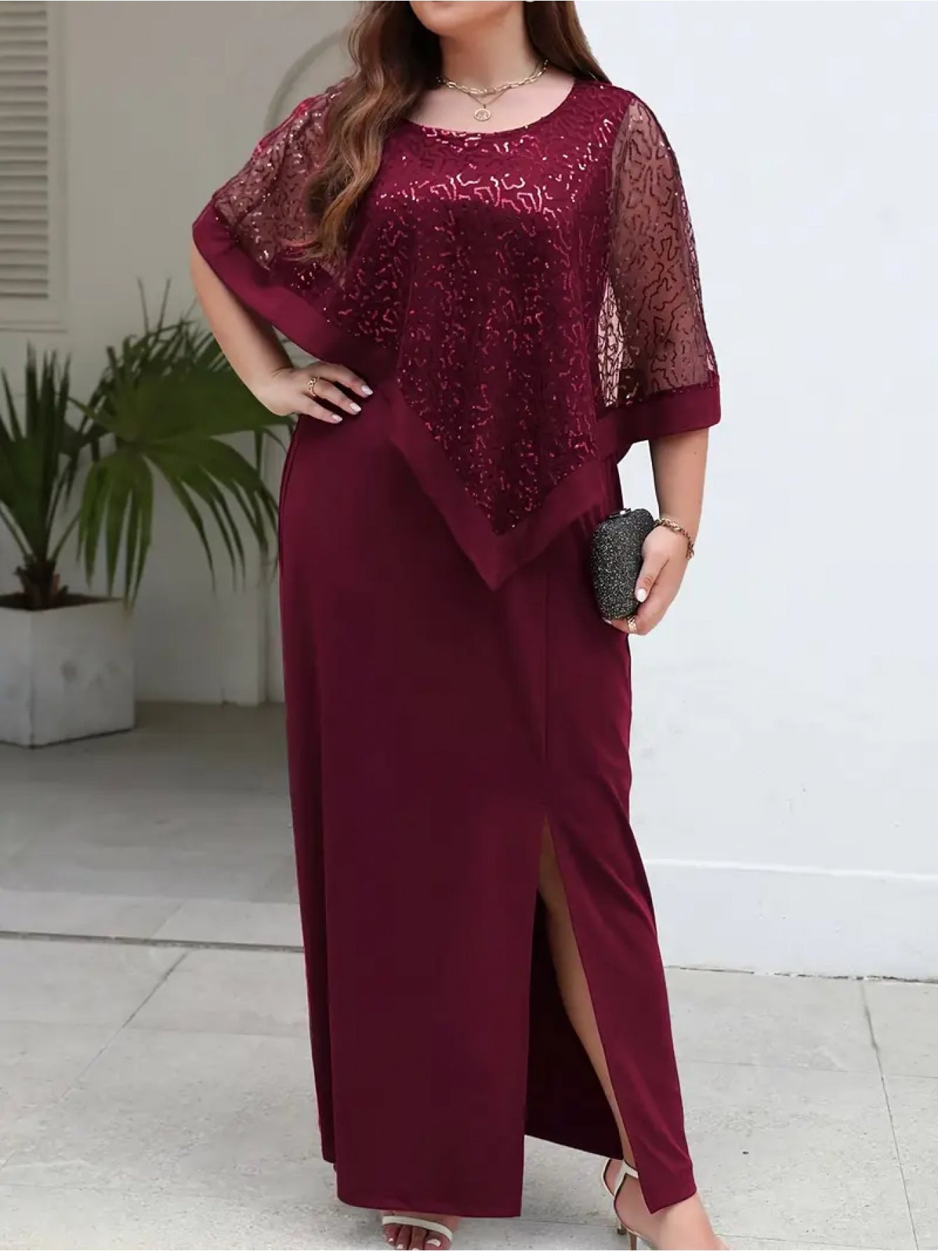Elegant Plus Size Sequin Batwing Evening Dress