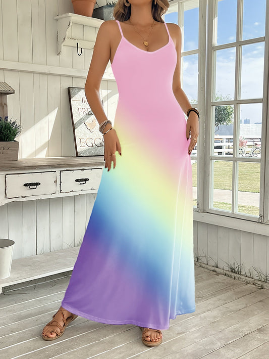 Comfort Style V-Neck Rainbow Gradient Maxi Dress