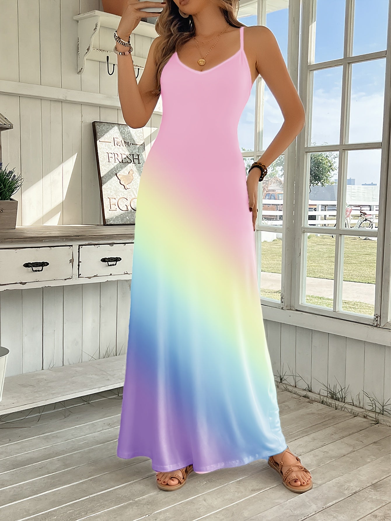 Comfort  Style V-Neck Rainbow Gradient Maxi Dress