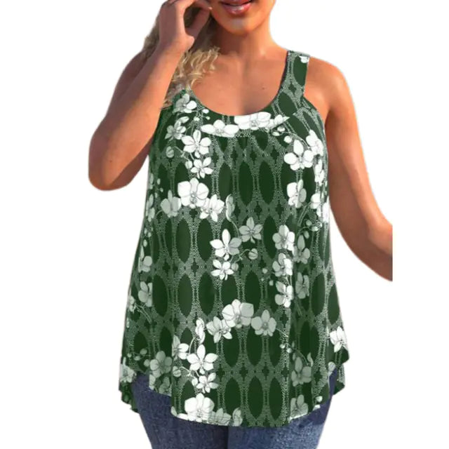 Casual Loose Floral Print Round Neck Sleeveless T-shirt