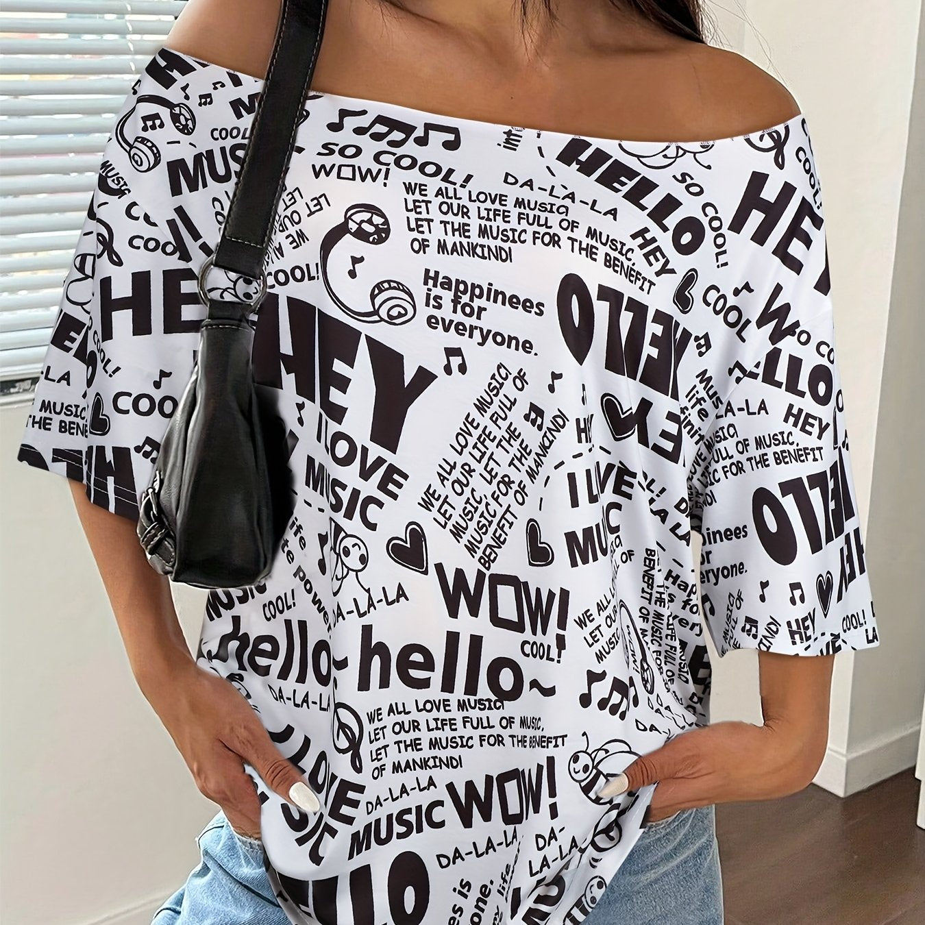 Plus Size Off Shoulder HELLO MUSIC Tee  Chic Summer