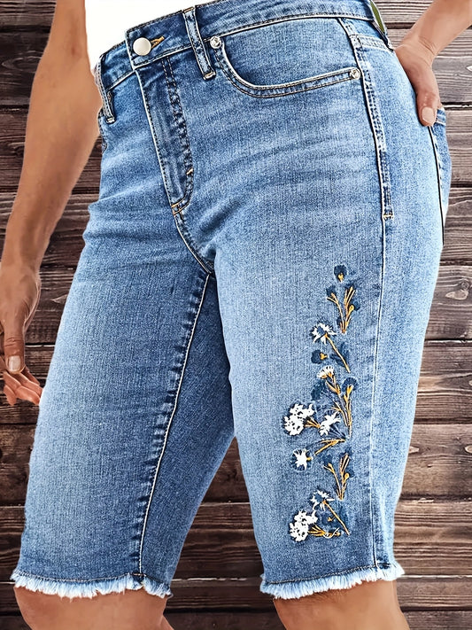 Elegant Stretch Slim Embroidered Mi length Jeans