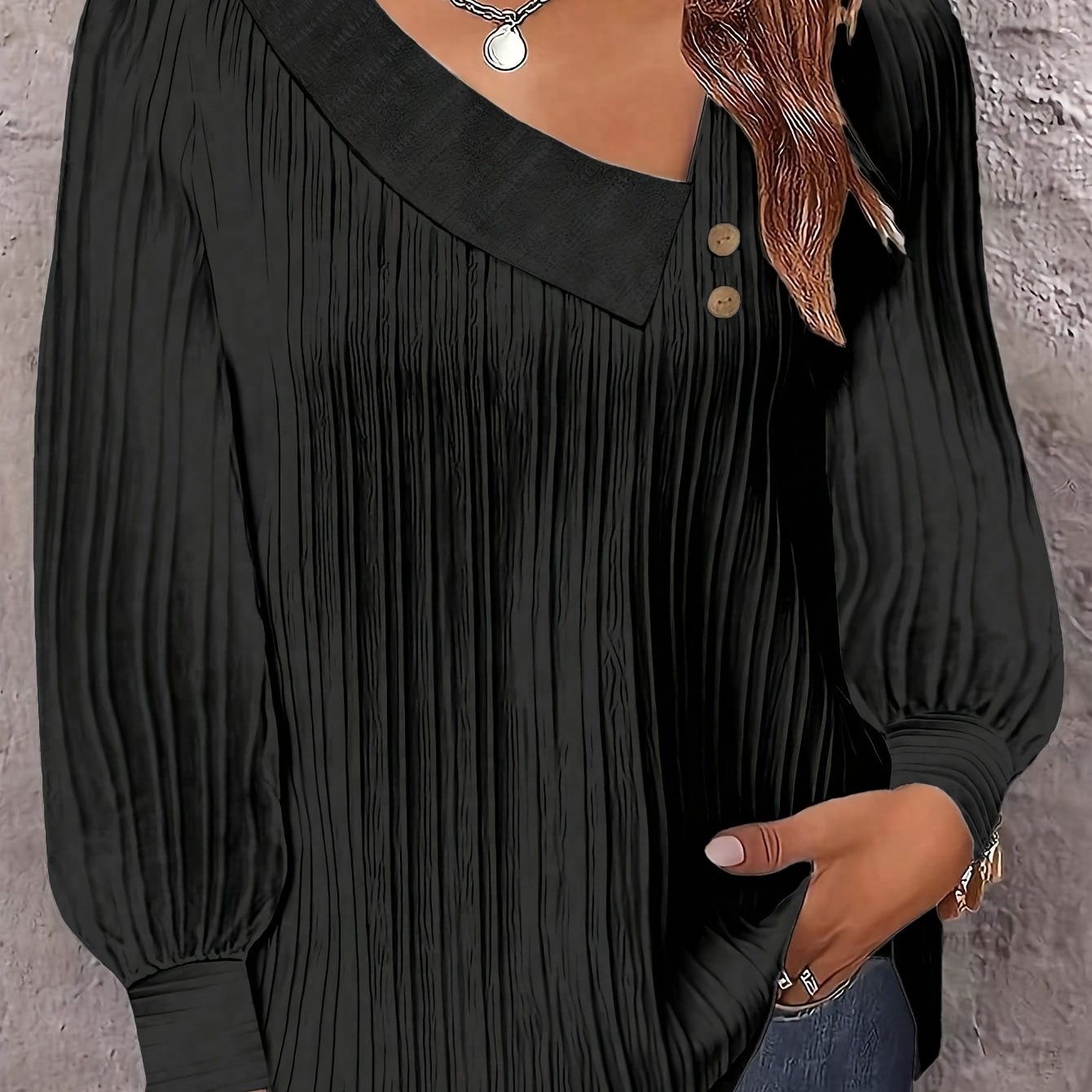 Chic Plus Size V-Neck Blouse Decorative Buttons Glossy  Top
