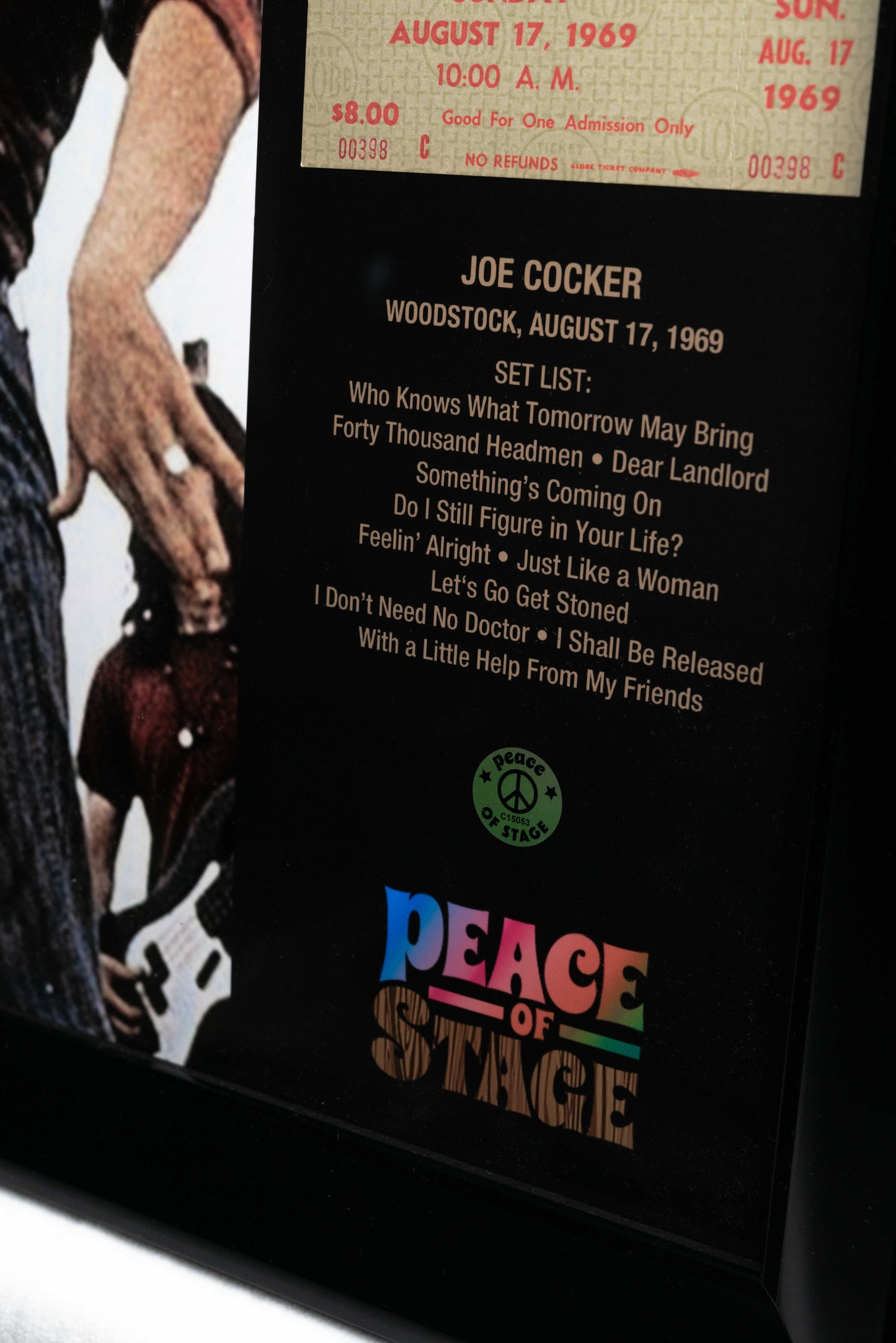 Joe Cocker Frame with Piece of 1969 Woodstock Stage and Original Ticket