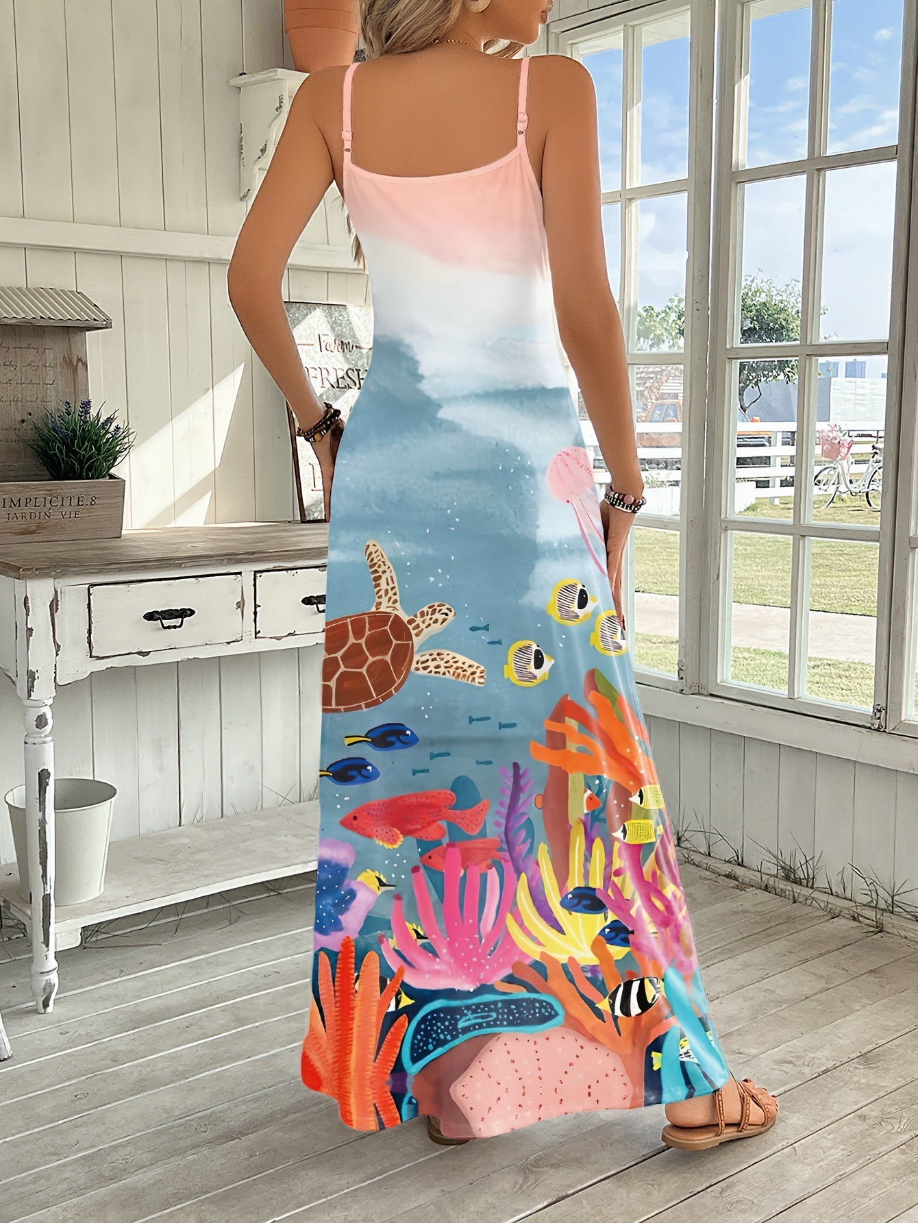 Vibrant Underwater Print V-Neck Cami Maxi Dress