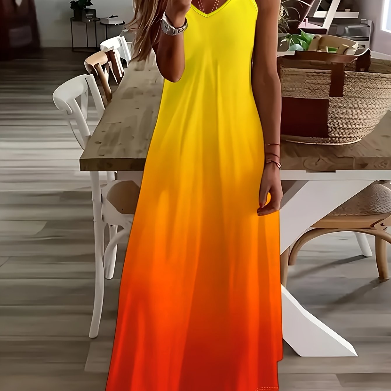 Vibrant Yellow Orange Gradient Backless Sling Dress