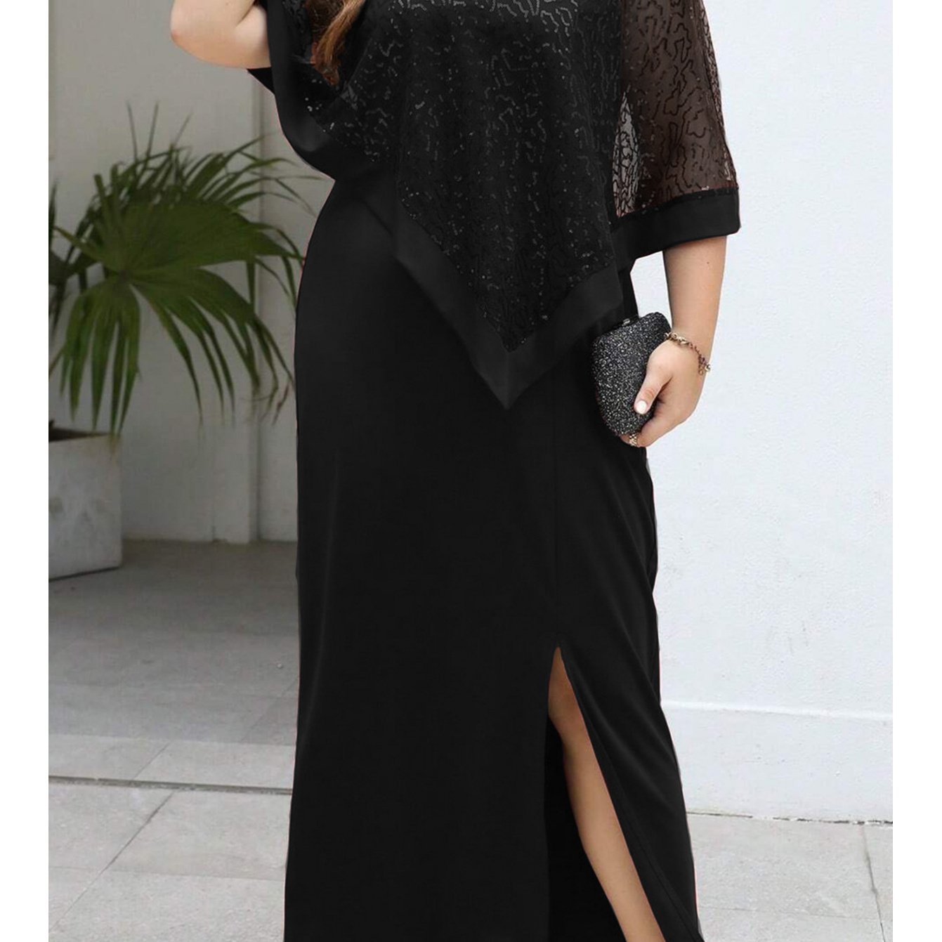 Elegant Plus Size Sequin Batwing Evening Dress