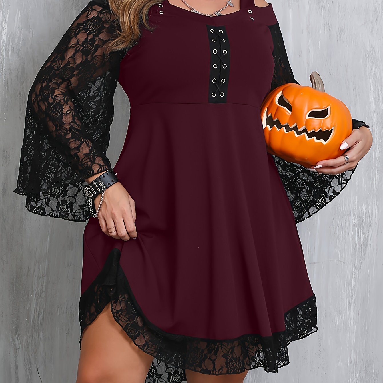 Gothic Lace V-necks Long Sleeve Aline Knee Length Dress