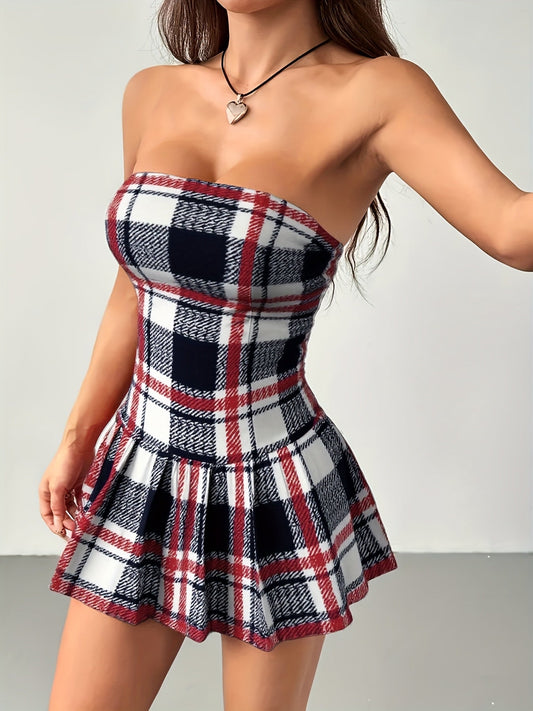 Sexy Plaid Off Shoulder Mini Dress