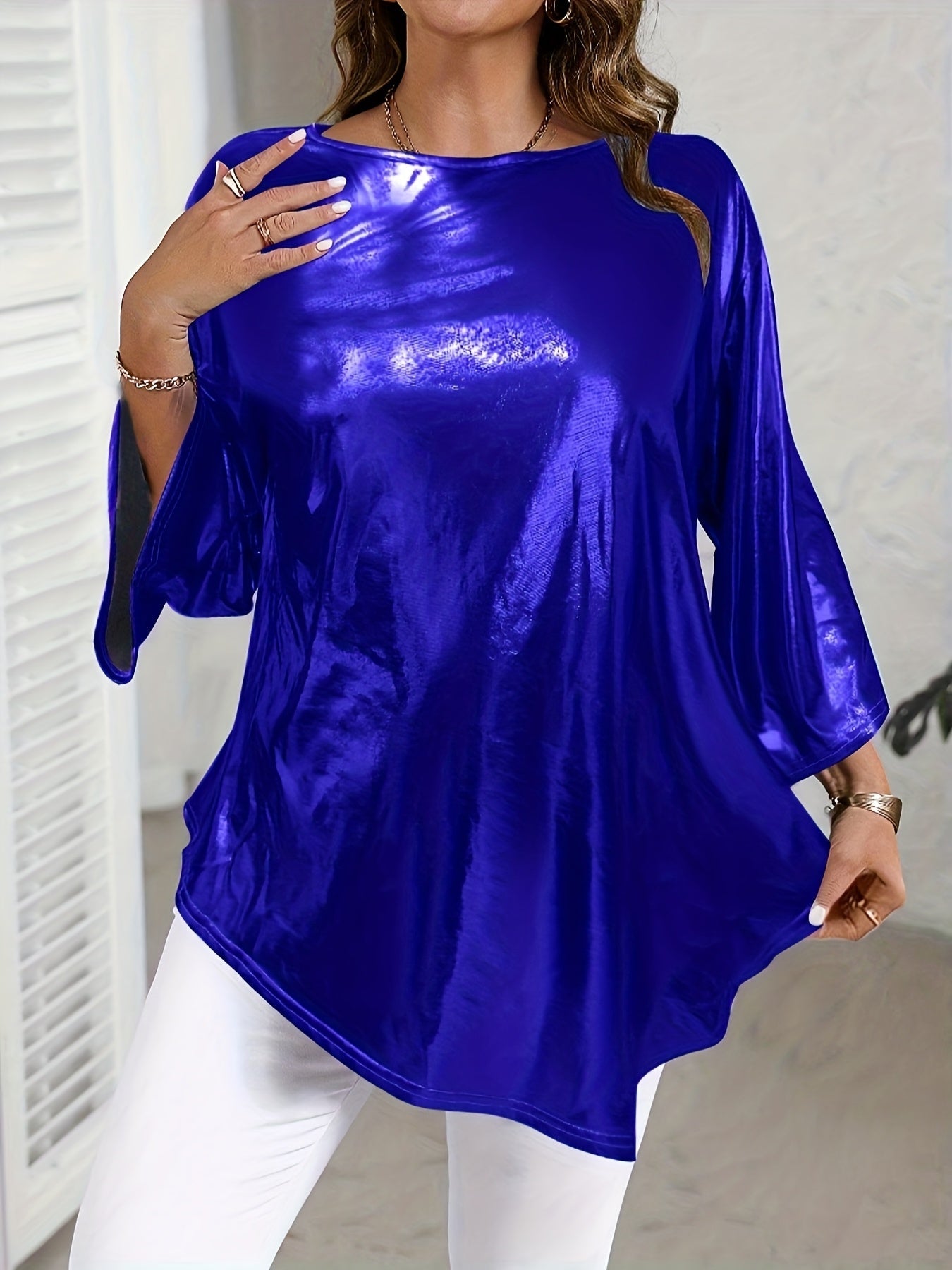 Metallic Asymmetrical 34 Sleeve Trendy Plus Size Top