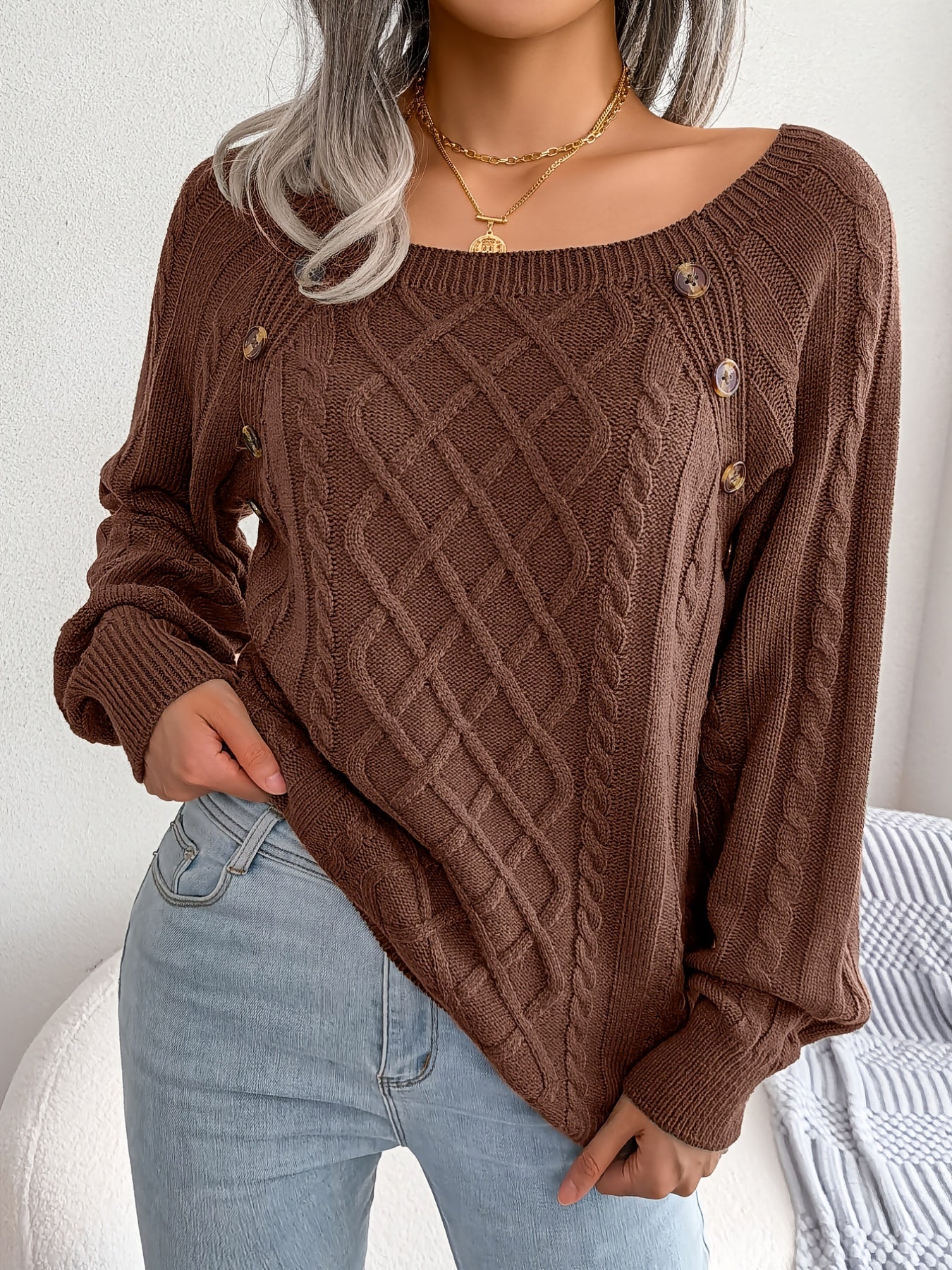 Texture Button Lantern Sleeve Sweater