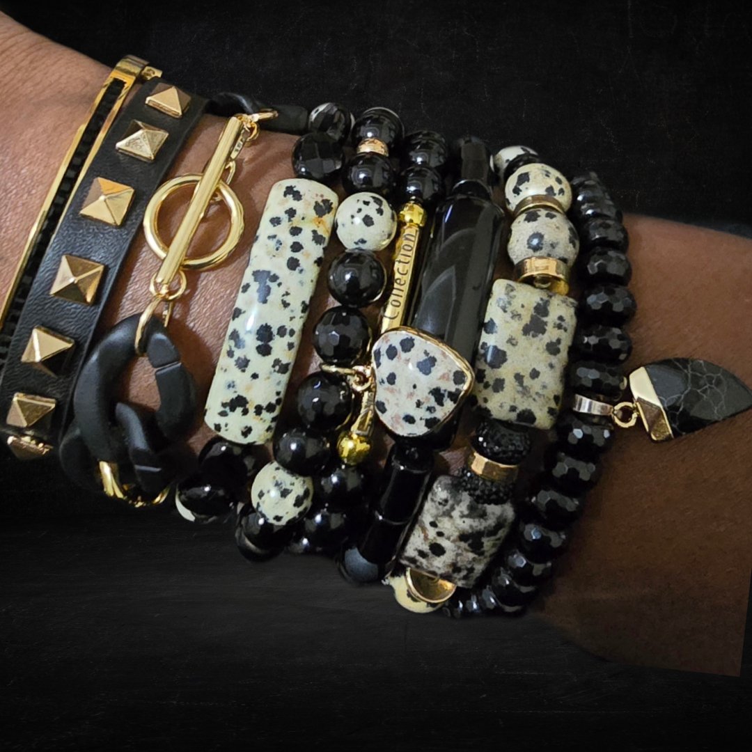 Dalmatian Jasper and Onyx Stacked Bracelet set