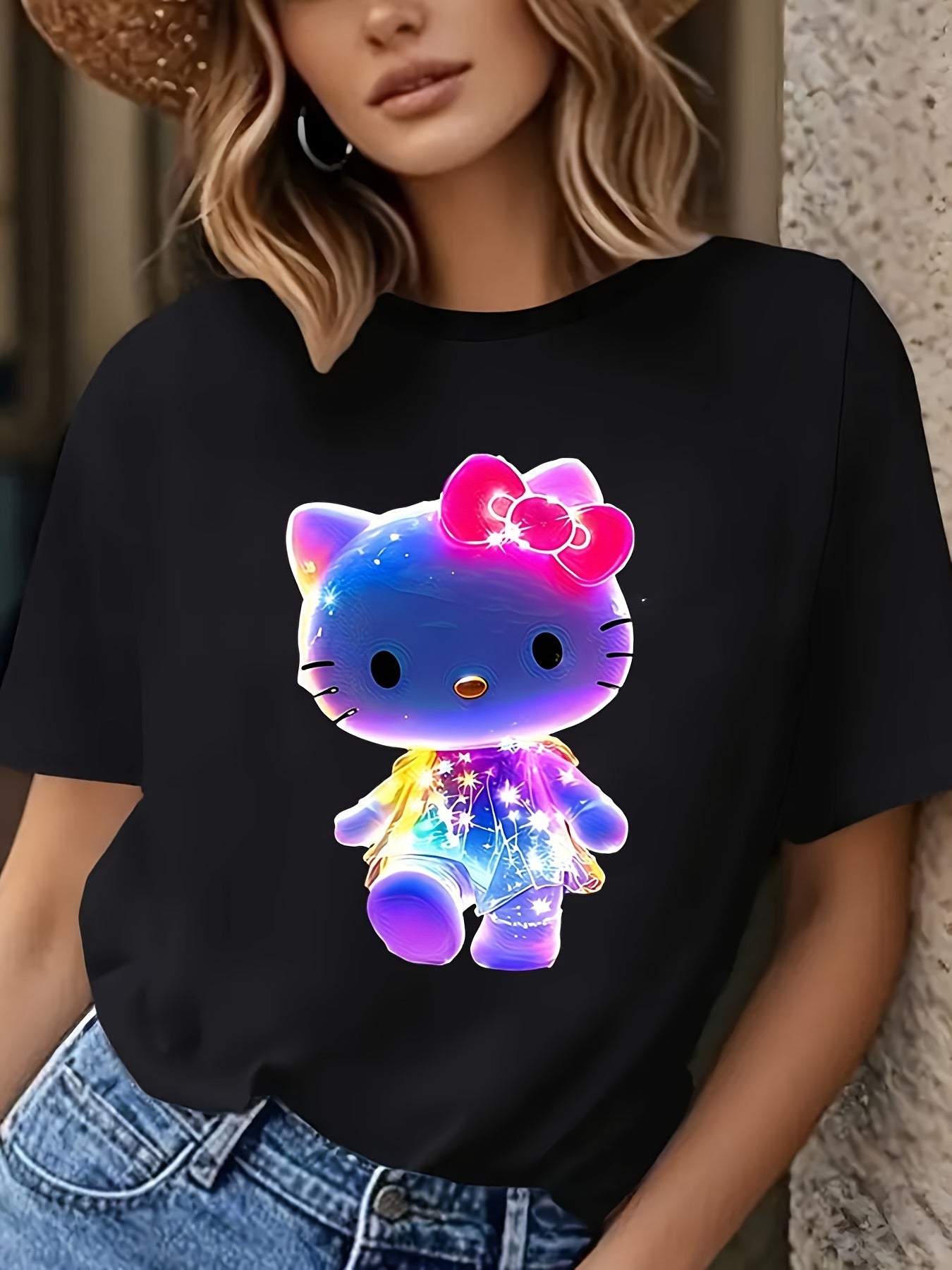 Cute  Hello Kitty Neon Glow Graphic Tee