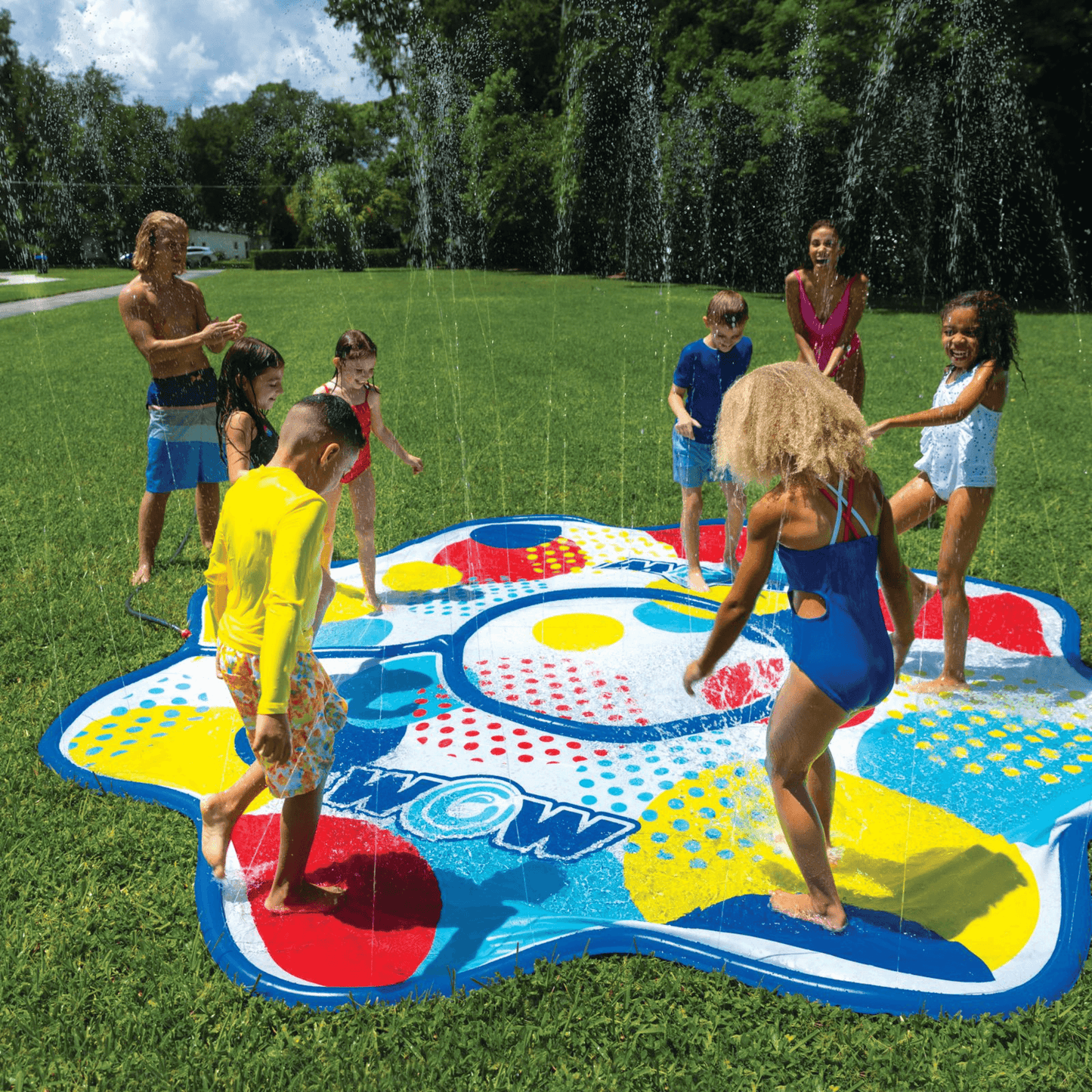 WOW Watersports 12ft Dots Spray Pad with Inflatable Edge Rim to Retain Water