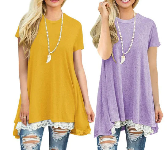 Lace Trim Round Neck Long Sleeve T-Shirt