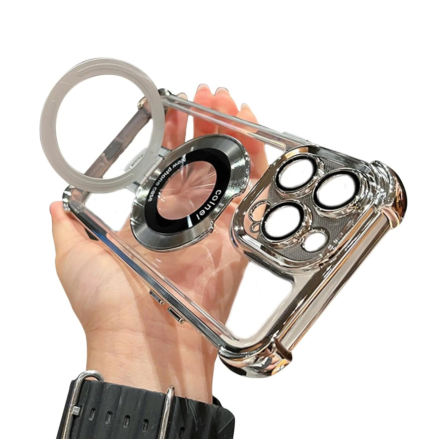 Four Corners Anti Drop Cell Phone Case for iPhone 11 12 13 14 15 Pro Max Case Translucent Magnetic for iPhone Cover with Stand and Corner Cushions Four Corners Anti-Drop Cas(SilverFor iPhone 11promax