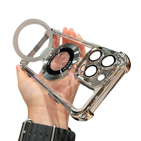 Four Corners Anti Drop Cell Phone Case for iPhone 11 12 13 14 15 Pro Max Case Translucent Magnetic for iPhone Cover with Stand and Corner Cushions Four Corners Anti-Drop Cas(SilverFor iPhone 11promax