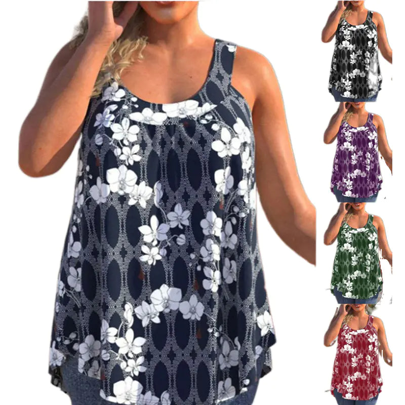 Casual Loose Floral Print Round Neck Sleeveless T-shirt