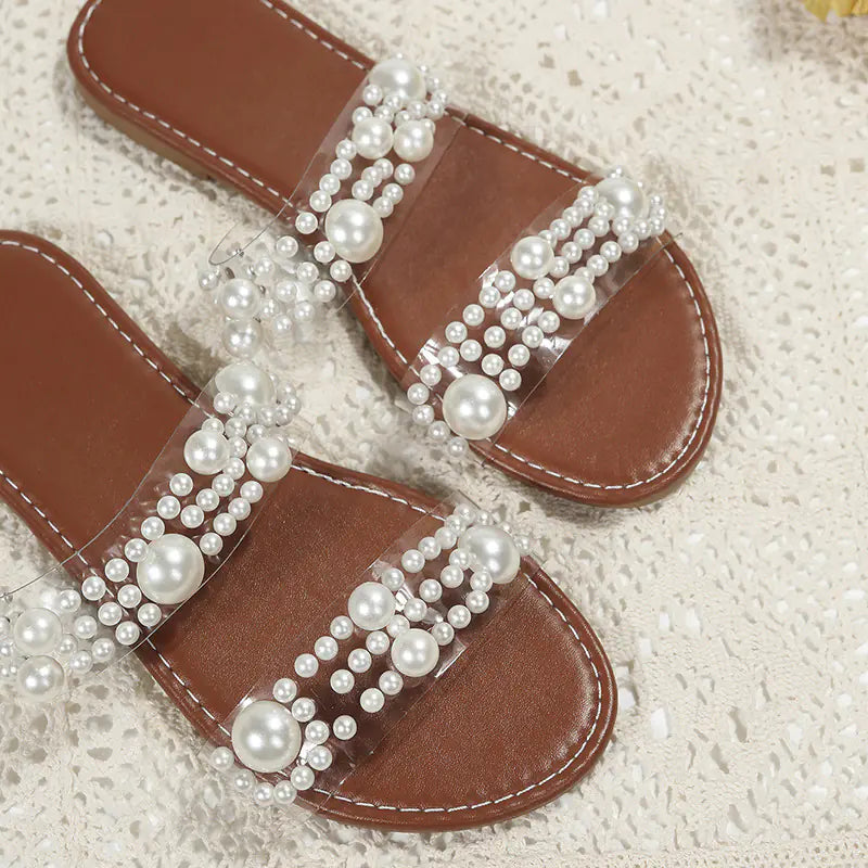 Women's Flat Pearl Decor Slippers for Summer Beach
