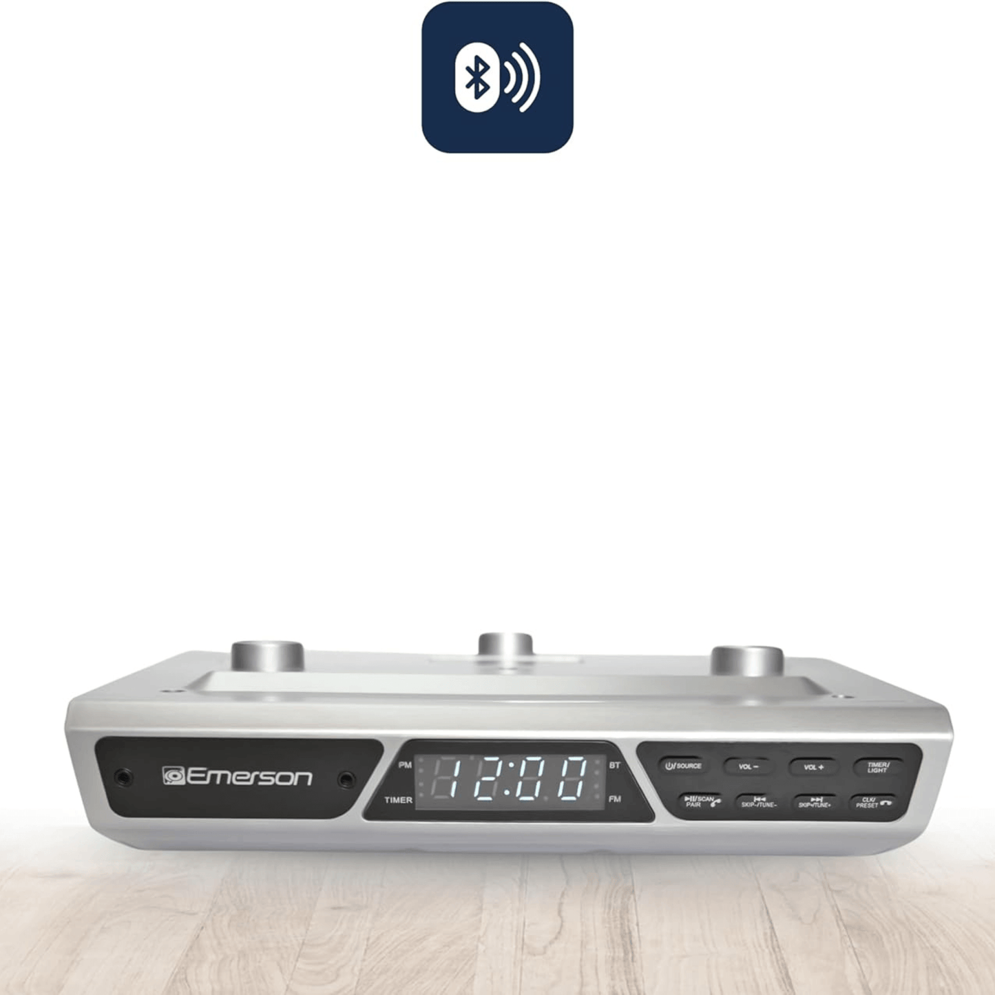 Emerson Under Cabinet FM Radio w Bluetooth, Station Memory and Clock with Timer