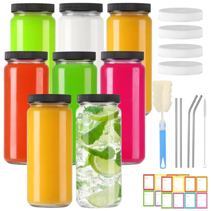 TOEKSIX 8 Pack 16oz Glass Juice Bottles with Lids Reusable Glass Juicing Bottles Beverages Drinking Jars with Black Caps and White Caps with Hole Glasses for Juice Cold Brew Bottles Smoothie Jars