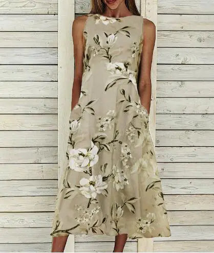 Floral A-line Dress with Round Neck and Mid-length