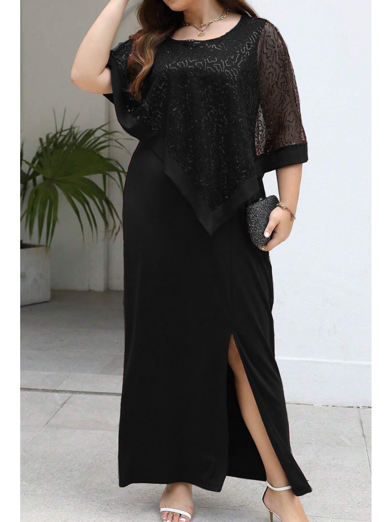 Elegant Plus Size Sequin Batwing Evening Dress
