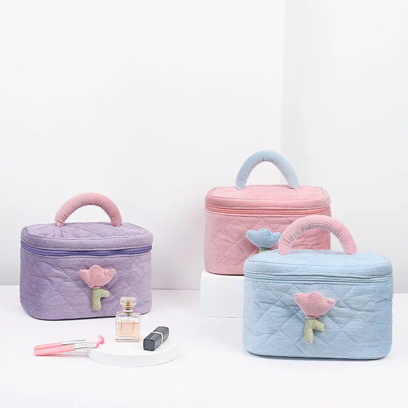 Set for Travel Corduroy Flower Makeup Bag and Beauty