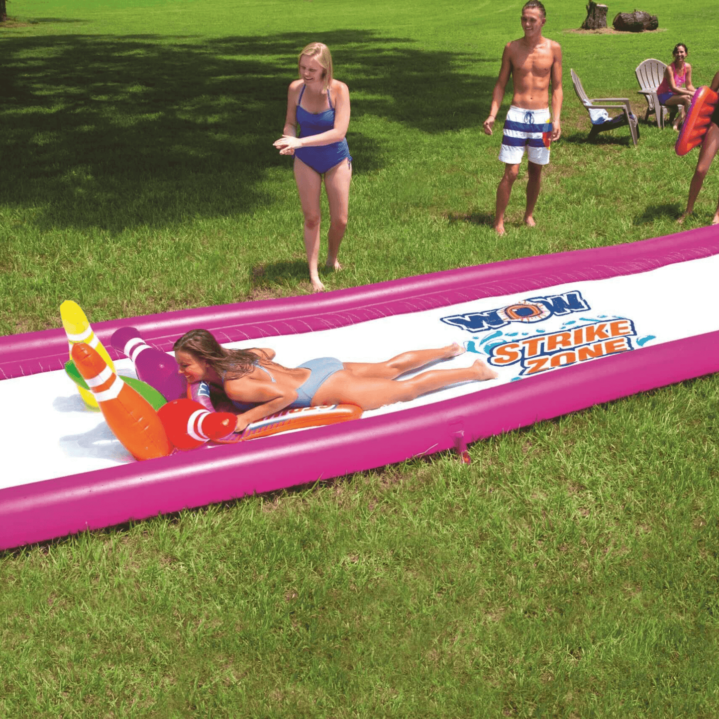 WOW Watersports Strike Zone Water Slide w 6 Giant Inflatable Bowling Pins and Sprinkler