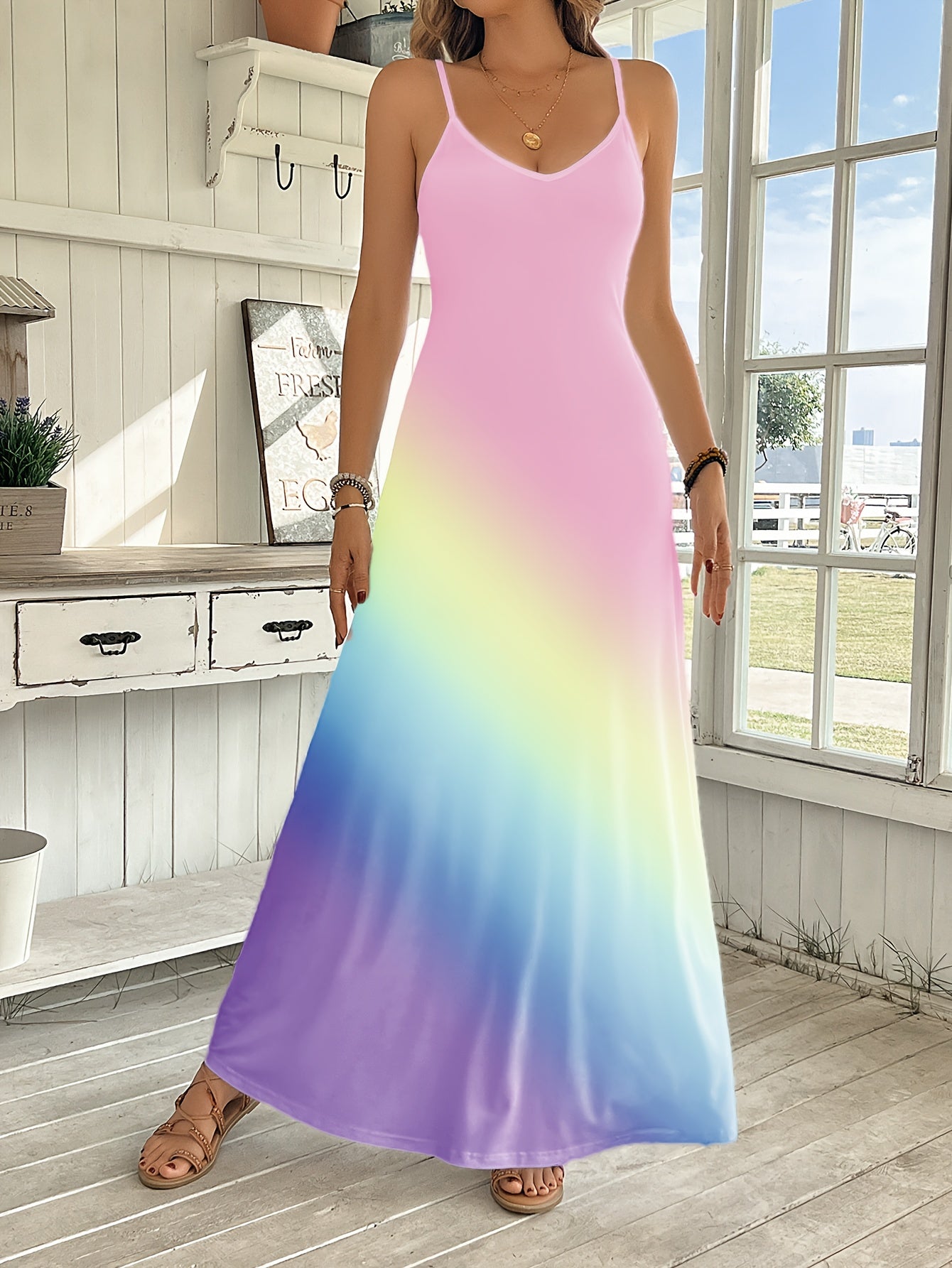 Comfort  Style V-Neck Rainbow Gradient Maxi Dress