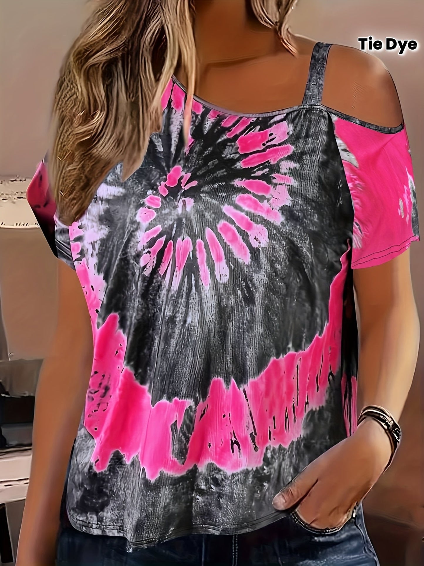 Pink  Black TieDye Cold Shoulder Tee
