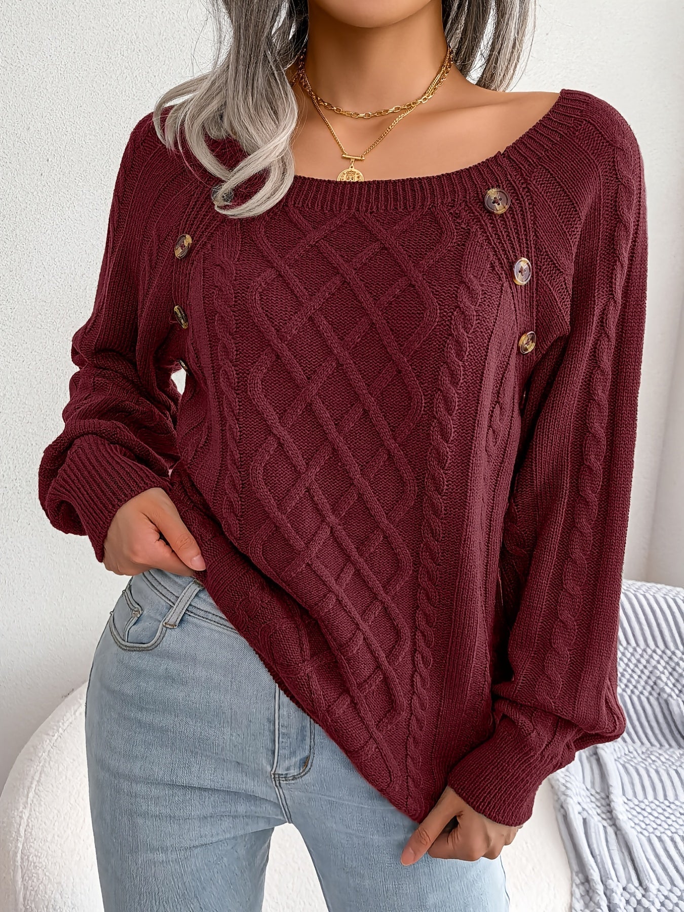 Texture Button Lantern Sleeve Sweater
