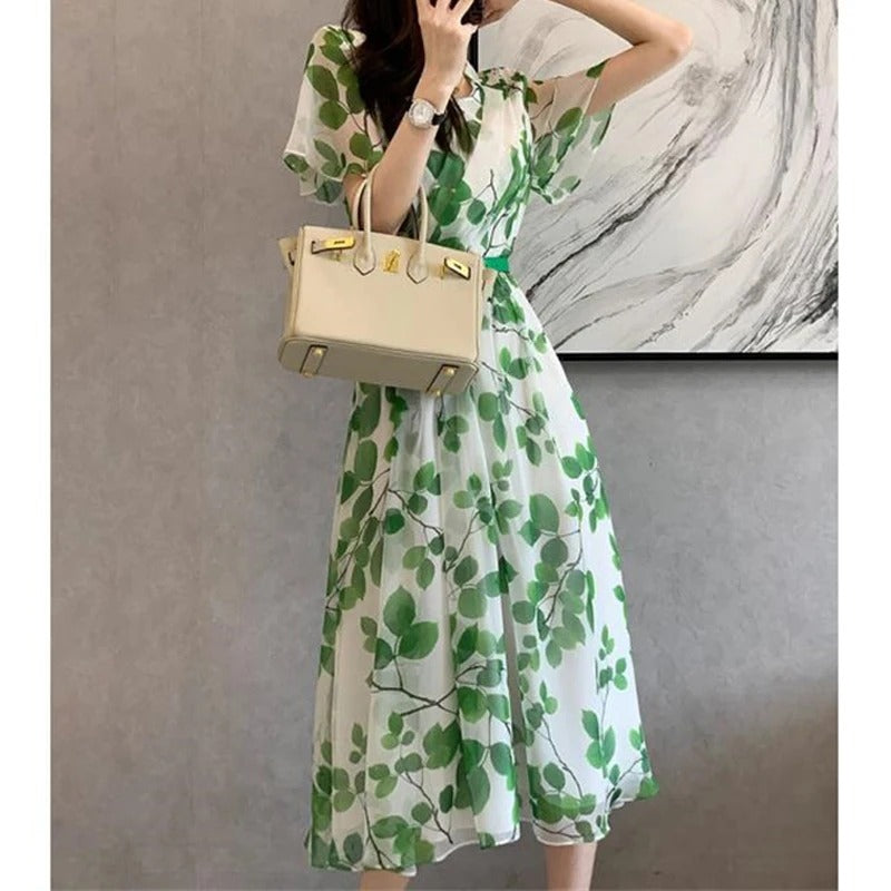 Women Summer Leaf Print Midi Dress