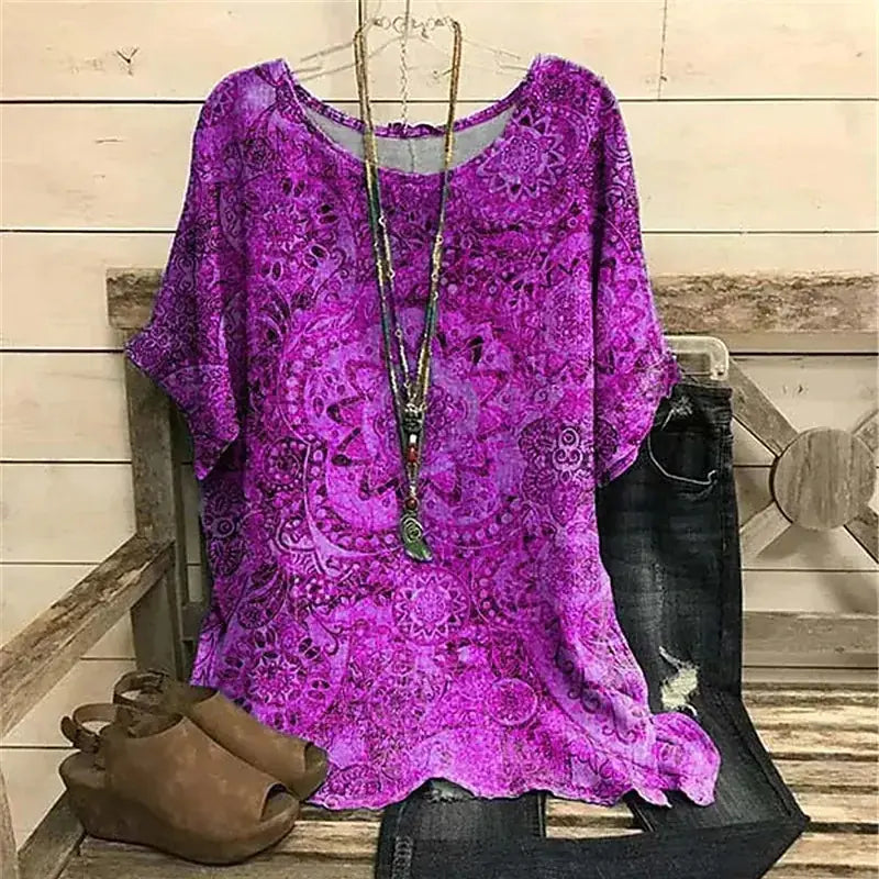 Floral 3D Print Round Neck Women's T-Shirt (Casual)