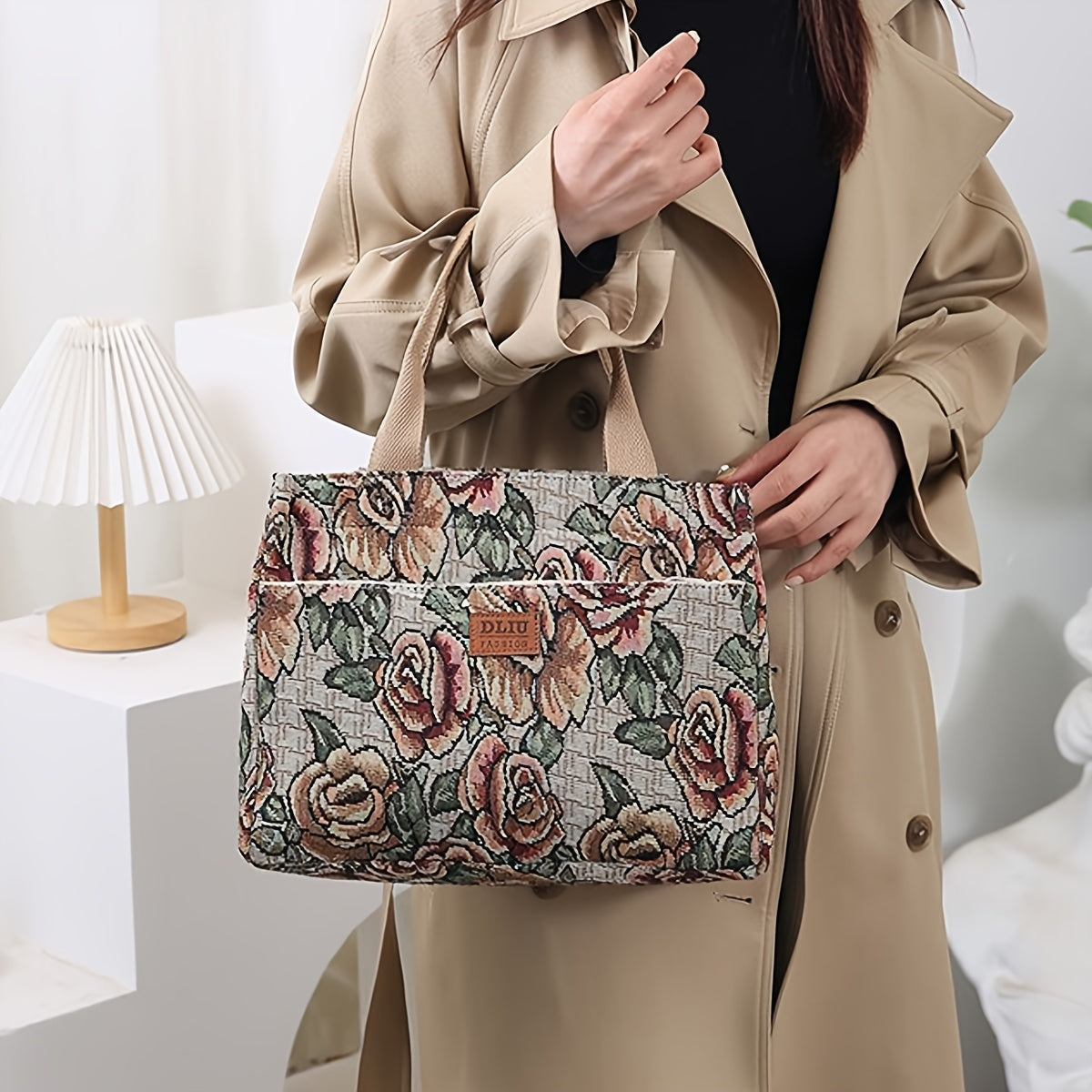 Chic Lunch Retro Floral Oil Painting Tote Commute Bag