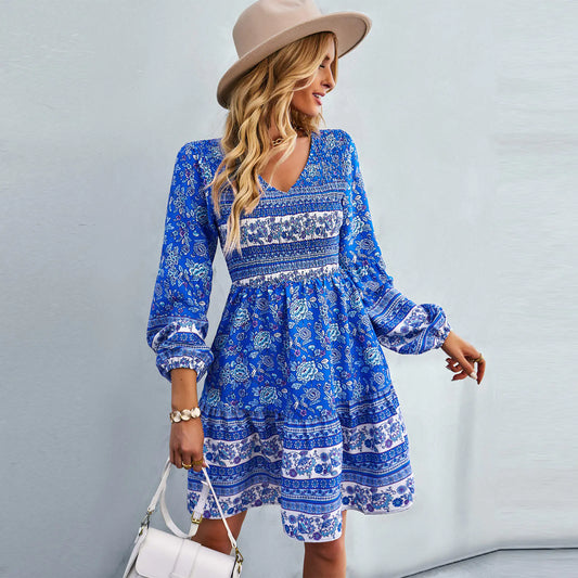 Bohemian Long Sleeve V-Neck Dress with Skirt