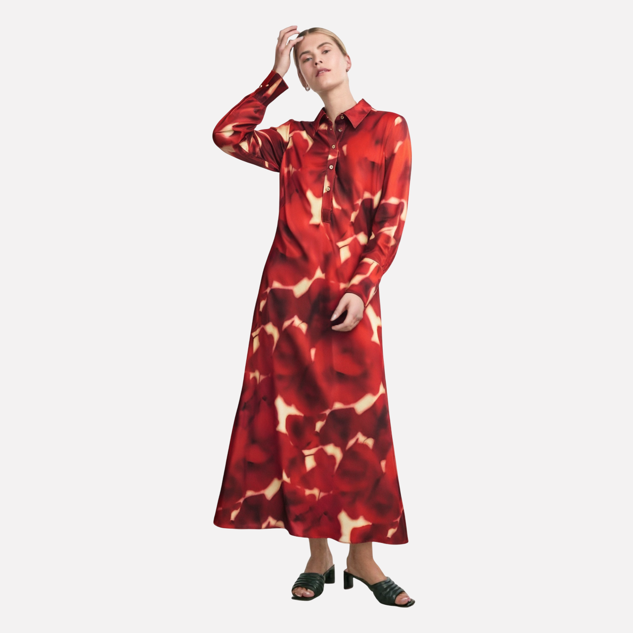 Flip collar single breasted printed shirt long skirt dress for women