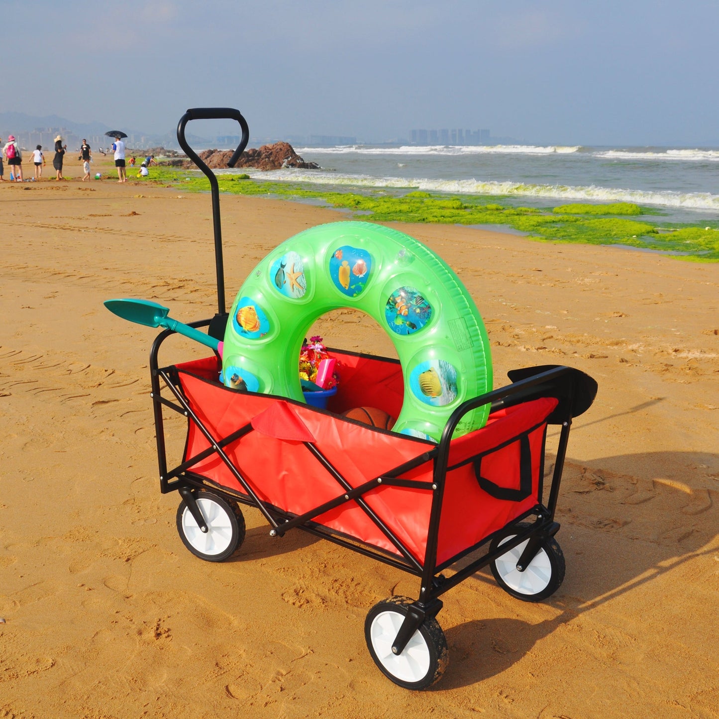 Folding Wagon Garden Shopping Beach Cart (Red)