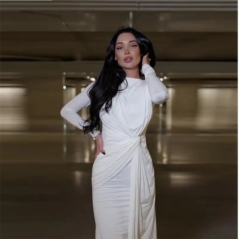 Slim Solid Color Round Neck Pleated Waist Dress