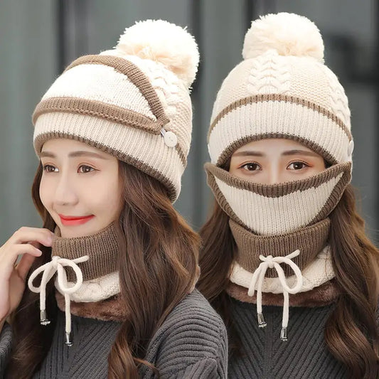Women's Warm Knitted Beanie Hat and Scarf Set (3pcs)