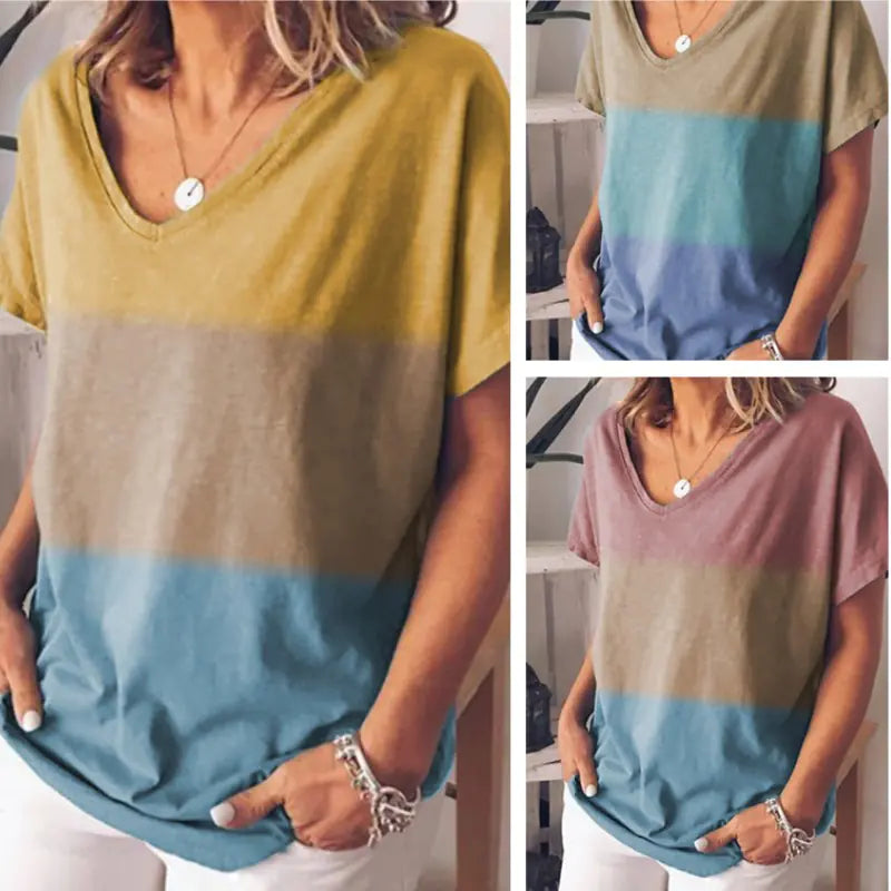 Gradient Color V-Neck Short Sleeve T-Shirt