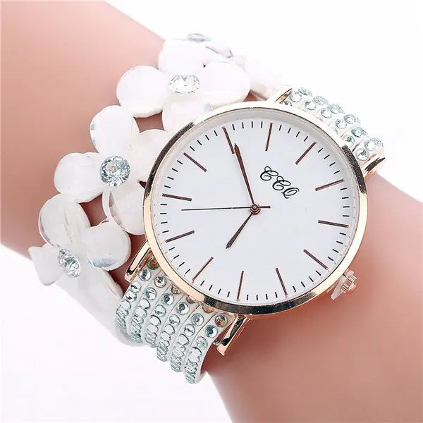 CCQ Women's Circle Bracelet Watch with Floral Crystals