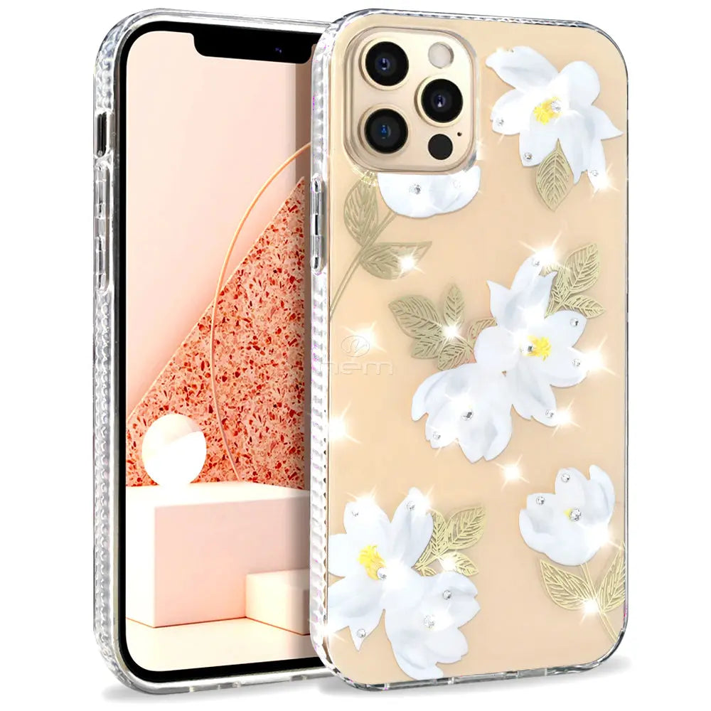 For iPhone 12 Pro Design Diamond, Purple Splash, White Flowers, Black Flowers