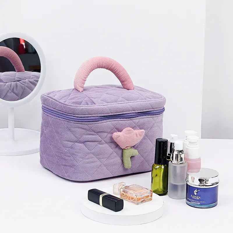 Set for Travel Corduroy Flower Makeup Bag and Beauty