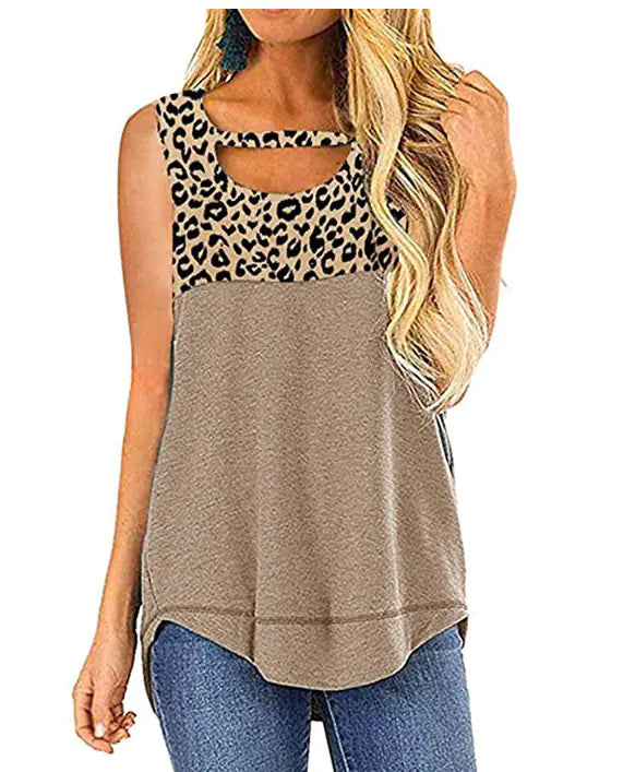 Women's Sleeveless Color Block Leopard Print Top